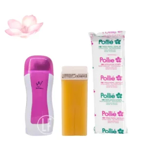 Kit Konsung rose d'épilation comprenant un chauffe-cire rose, une cartouche de cire jaune et un paquet de bandes dépilatoires Pollié.