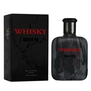 Flacon et boîte de Whisky Black Op Eau de Toilette pour hommes, 100 ml, avec design camouflage et texte rouge.