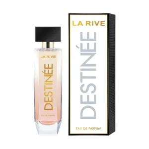 Flacon de parfum La Rive Destinée pour femme, transparent avec bouchon noir, à côté de son emballage noir et or.