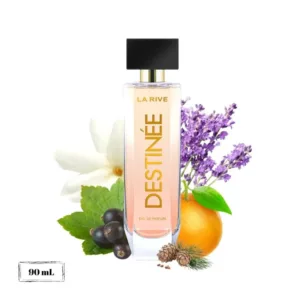 Flacon de parfum La Rive Destinée 90 ml entouré de fleurs blanches, lavande, cassis, orange et pommes de pin.