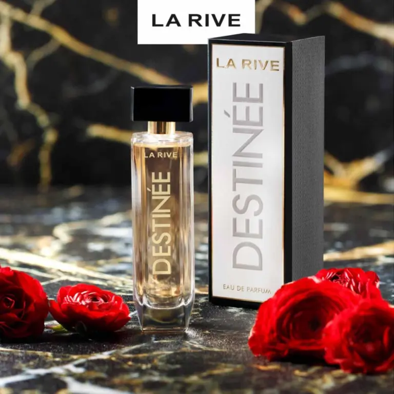 Flacon de parfum La Rive Destinée 90 ml avec roses rouges sur fond noir réfléchissant.