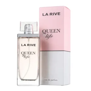 Parfum LA RIVE QUEEN OF LIFE pour femme, flacon transparent avec étiquette rose, boîte assortie rose et grise.