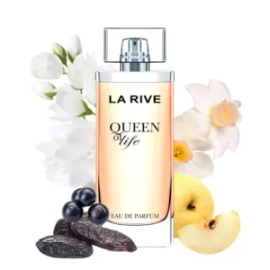 Parfum LA RIVE QUEEN avec fleurs blanches, baies noires, graines brunes et demi-pêche, flacon transparent avec dégradé pêche.