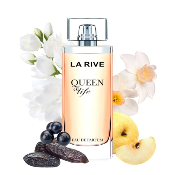 Eau de parfum Queen of life de la rive entourée des fleures et fruits qui la composent