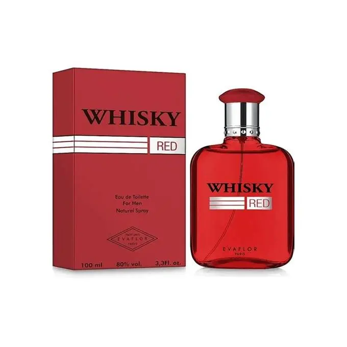 Flacon rouge de Whisky Red Eau de Toilette pour homme de 100 ml avec boîte assortie, produit par Evaflor Paris.