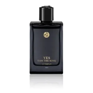 Flacon de parfum noir avec un bouchon noir, portant l'inscription dorée "YES I AM THE KING LE PARFUM PARIS" et un emblème doré.