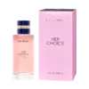Parfum LA RIVE HER CHOICE pour femme, flacon rose avec boîte.