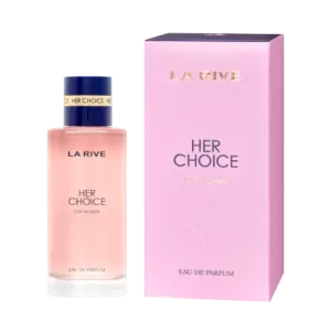 Parfum LA RIVE HER CHOICE pour femme, flacon rose avec boîte.