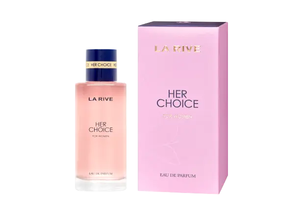 Parfum LA RIVE HER CHOICE pour femme, flacon rose avec boîte.