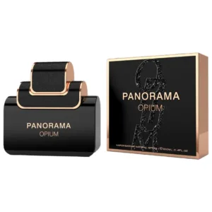 Flacon de parfum PANORAMA OPIUM noir et doré avec emballage assorti.