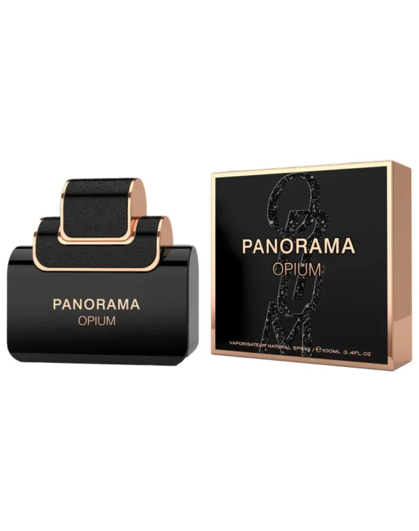 Flacon de parfum PANORAMA OPIUM noir et doré avec emballage assorti.