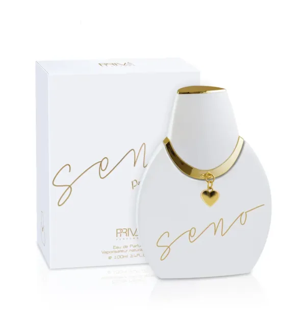 Flacon de parfum SENO pour femme, blanc et or.