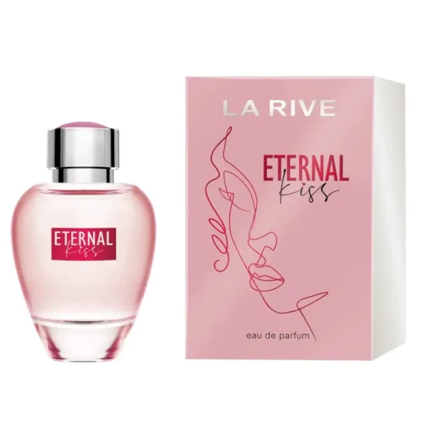 Flacon de parfum LA RIVE ETERNAL KISS rose, emballage artistique.