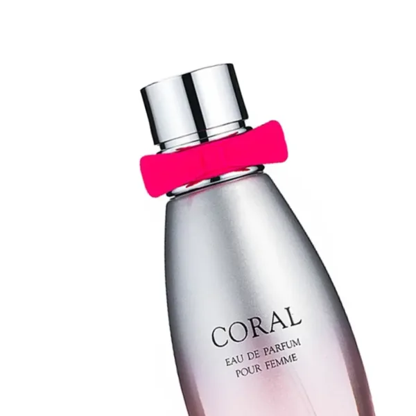 Flacon de parfum CORAL pour femme avec bande rose.