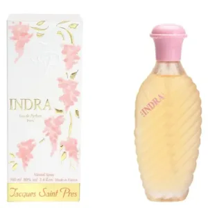 Flacon rose d’INDRA Eau de Parfum pour femme à côté de son emballage floral et doré.