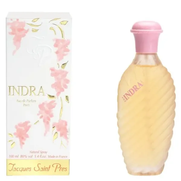 Flacon rose d’INDRA Eau de Parfum pour femme à côté de son emballage floral et doré.