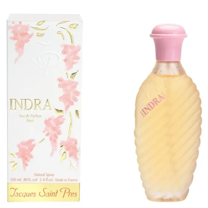 Flacon rose d’INDRA Eau de Parfum pour femme à côté de son emballage floral et doré.