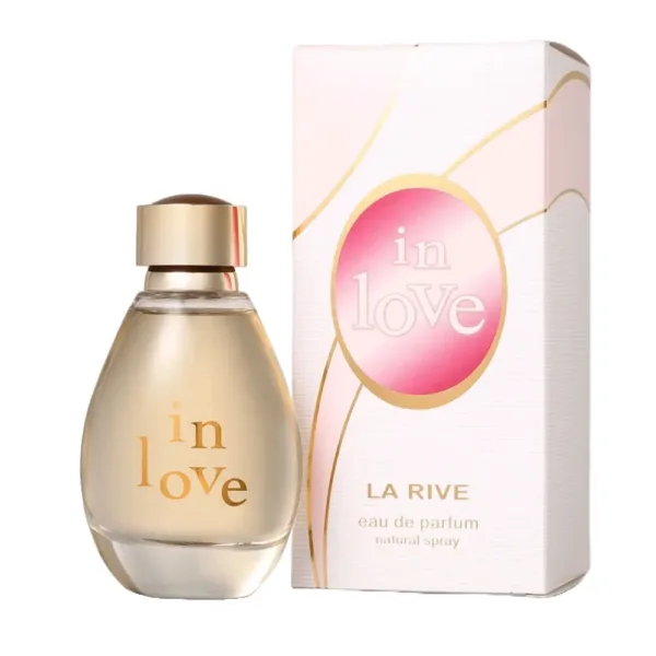 Parfum LA RIVE IN LOVE, flacon doré arrondi, emballage blanc-rose.