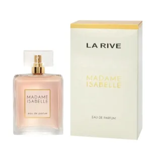 Flacon transparent de parfum LA RIVE MADAME ISABELLE avec liquide rosé et capuchon doré, accompagné de son emballage crème.