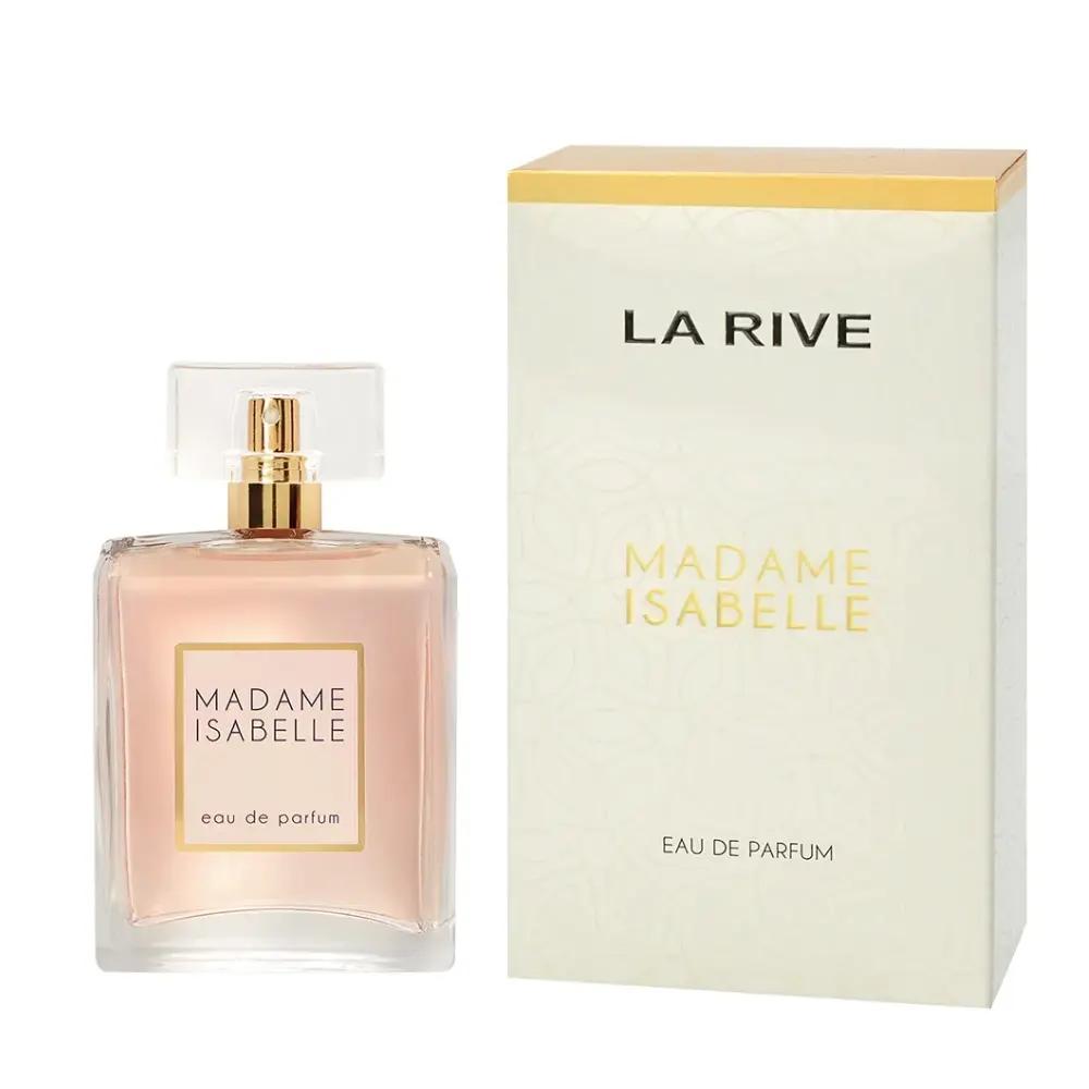 Flacon transparent de parfum LA RIVE MADAME ISABELLE avec liquide rosé et capuchon doré, accompagné de son emballage crème.