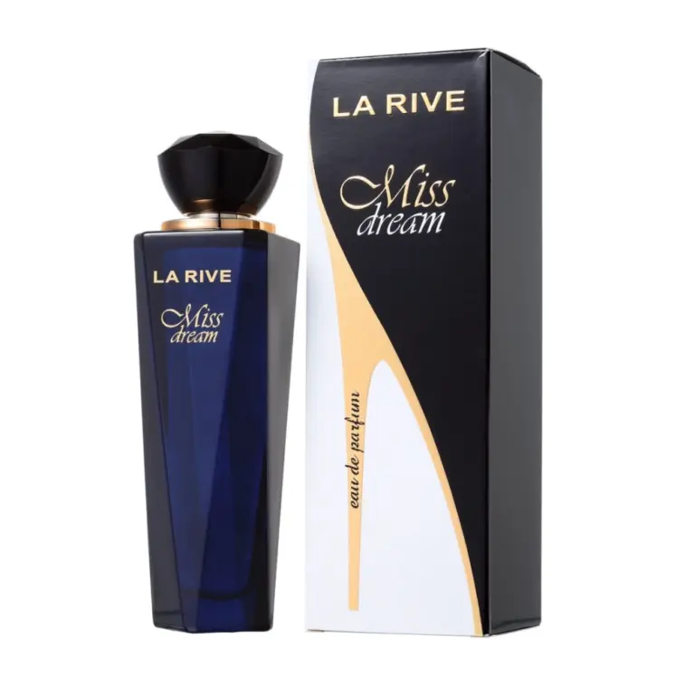 Flacon de parfum LA RIVE MISS DREAM pour femme avec dégradé bleu nuit et capuchon noir, accompagné de son emballage élégant.