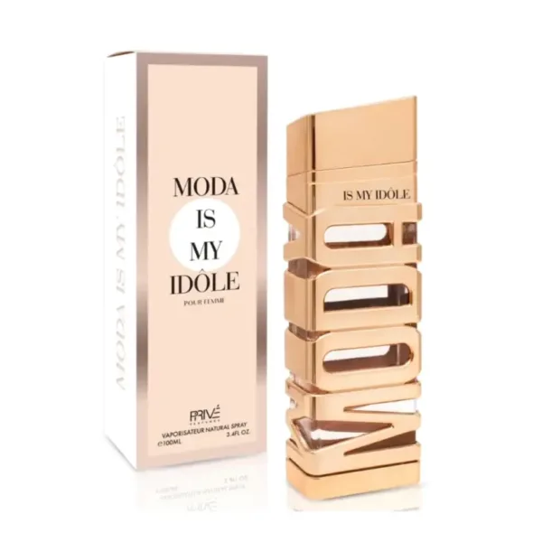 Flacon de parfum féminin ‘MODA IS MY IDOLE’ au design unique, avec emballage assorti.