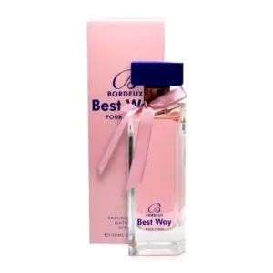“Parfum Best Way pour femme par Bordeaux avec ruban rose et bouchon bleu.”