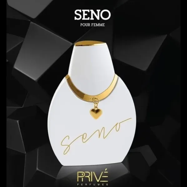 Flacon de parfum SENO pour femme avec collier doré sur fond géométrique noir.