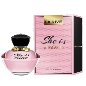 Flacon de parfum LA RIVE pour femmes “She is mine” à côté de son emballage rose.