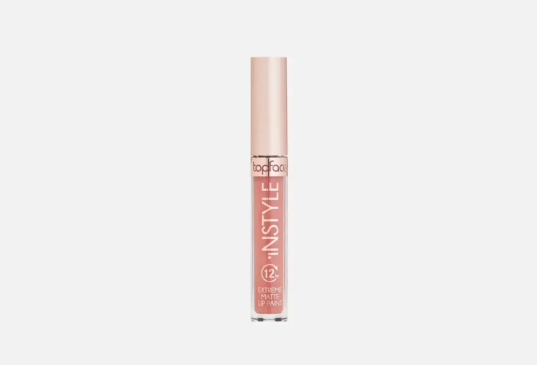 Gloss matte Topface Instyle Lip Paint, couleur intense, tenue 12h, bouchon doré, tube transparent.