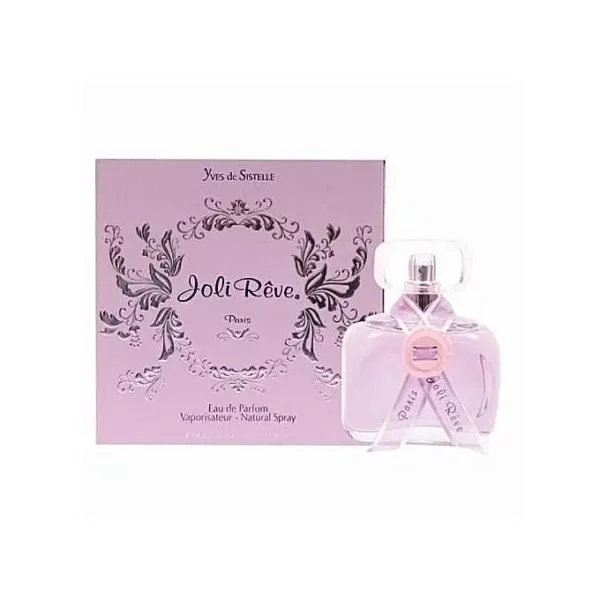 Flacon parfum ‘Jolie Rêve’ Yves de Sistelle, rose transparent, emballage violet orné.