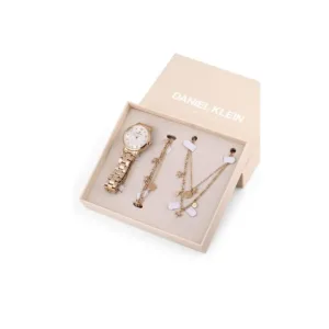 Coffret Daniel Klein 3 pièces pour femme incluant montre dorée, collier et bracelet assortis.