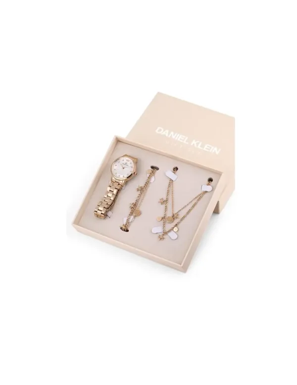 Coffret Daniel Klein 3 pièces pour femme incluant montre dorée, collier et bracelet assortis.