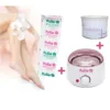 Kit d'épilation avec chauffe-cire Pollié, bandes de cire Pollié et boîte de cire DepiloMax, jambes lisses en arrière-plan.