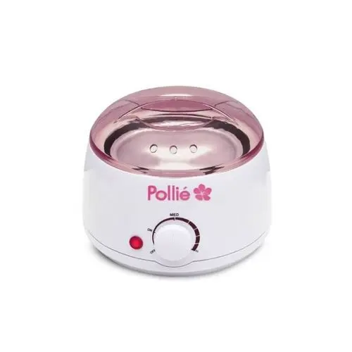 Appareil de chauffage de cire Pollié avec couvercle rose transparent, bouton de réglage de température et voyant lumineux rouge.