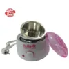 Chauffe-cire Pollié blanc avec couvercle rose transparent, bol en acier inoxydable, bouton de réglage et prise électrique.