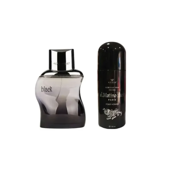 Deux parfums pour homme, “black” et “AL MATINO PARIS”, sur fond blanc, avec des détails dorés et noirs élégants.