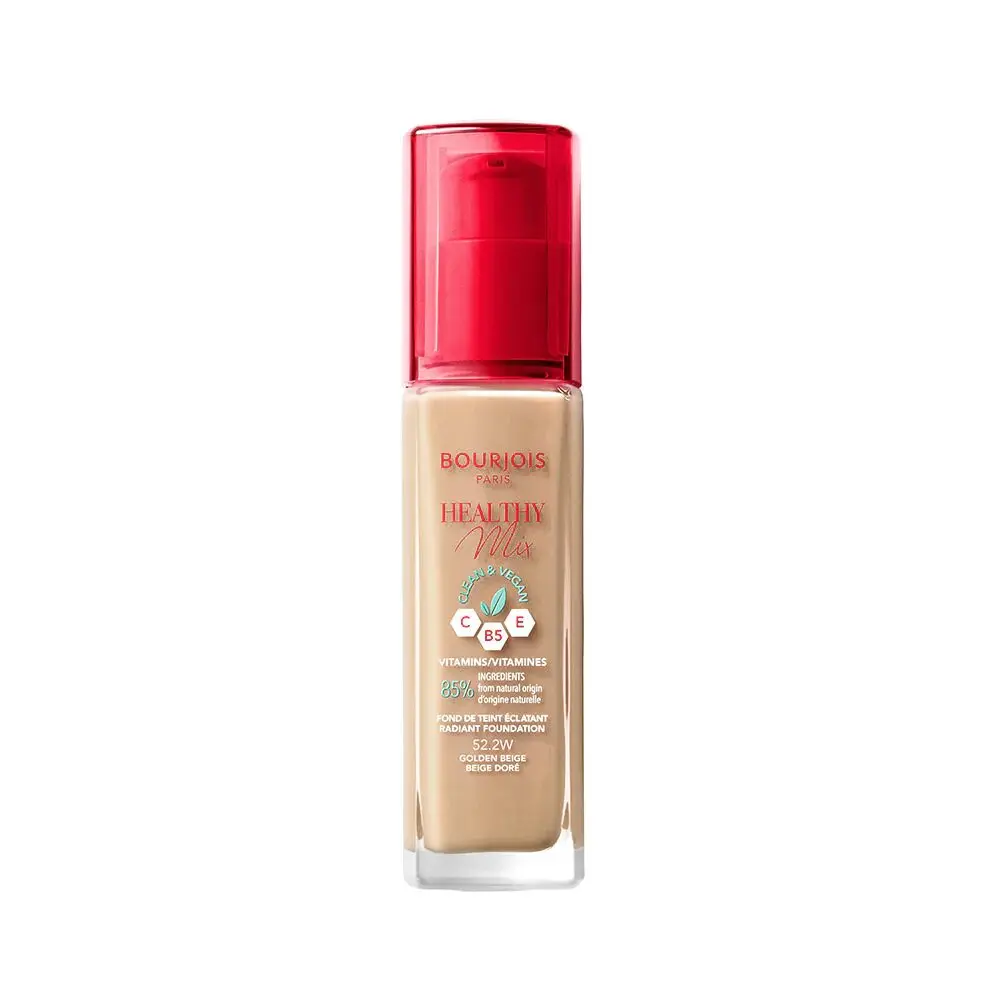 Fond de teint Bourjois HEALTHY MIX CLEAN, flacon pompe rouge et beige.