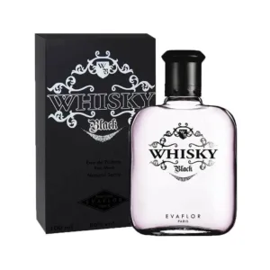 Flacon de parfum Whisky Black Eau de Toilette Pour Homme 100 ml, avec boîte noire élégante et design ornemental.