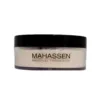 Poudre libre Mahassen dans un pot transparent avec un couvercle noir, étiquette indiquant "Mahassen Maquillage Professionnel".