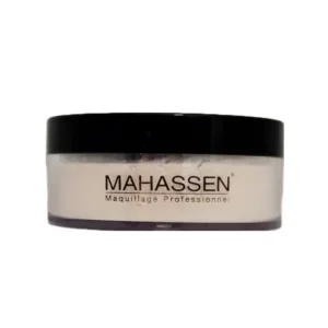 Poudre libre Mahassen dans un pot transparent avec un couvercle noir, étiquette indiquant "Mahassen Maquillage Professionnel".
