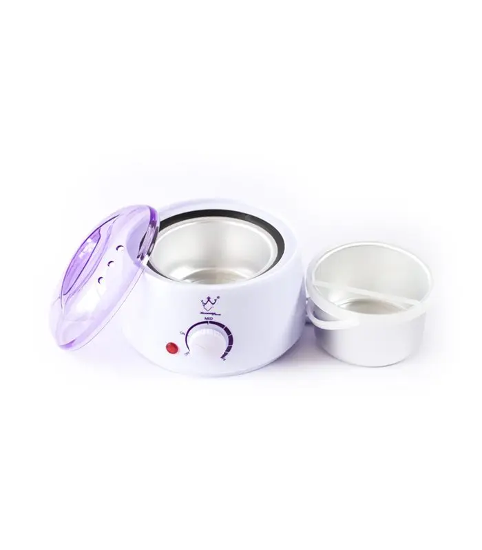 Un chauffe-cire électrique avec un couvercle violet transparent et un récipient en métal amovible.