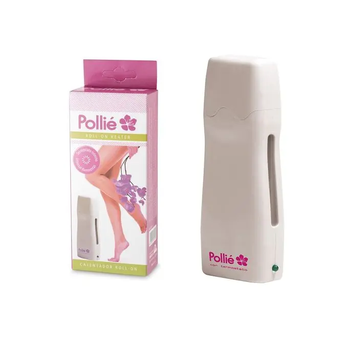 Chauffe cire cartouche Pollié 3379 avec thermostat, emballage rose et appareil blanc.