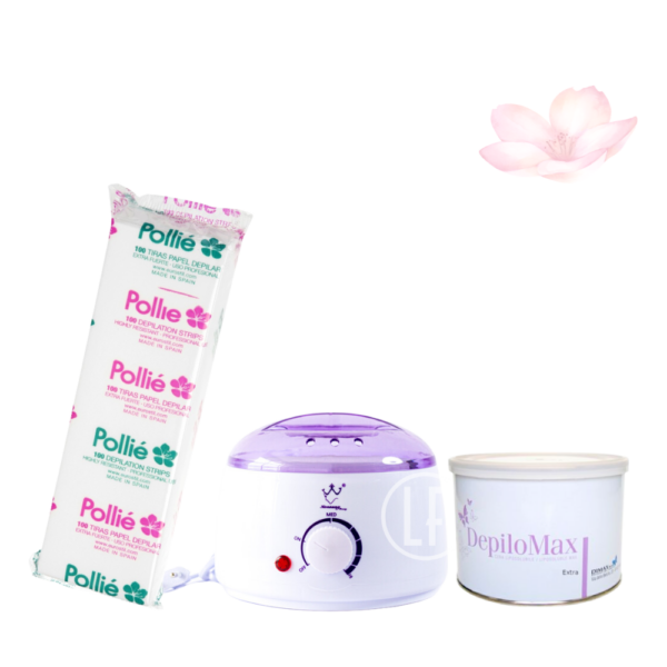 Ce Kit Konsung d'épilation est composé de : 1 chauffe cire Konsung 400 ml, 1 Paquet de papier de 100 Pollié et 1 pot de 400 g de cire miel Depilomax.