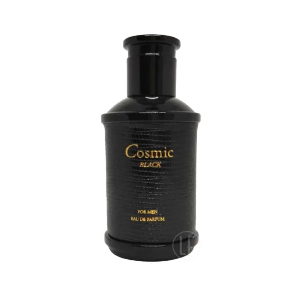 Flacon de parfum pour homme “Cosmic Black”, noir texturé avec lettrage doré, sur fond blanc.