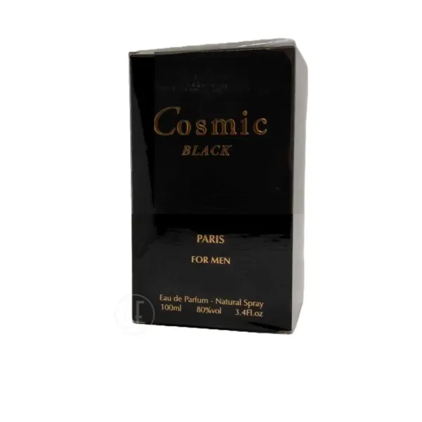 Boîte de parfum noire “Cosmic Black” pour hommes, 100ml.