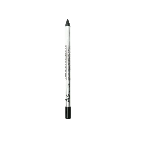 Crayon Ultra Black waterproof As Kozmetik, mine intense noire mate, design noir mat et motifs blancs, tracé net et longue tenue.