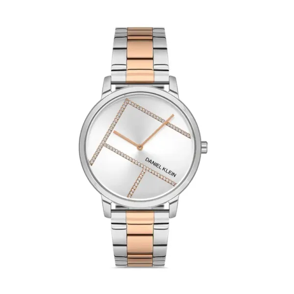 Montre élégante Daniel Klein pour femme avec cadran blanc et bracelet bicolore argent et or rose.