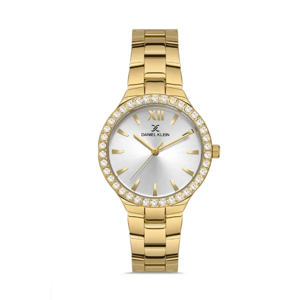 Montre élégante Daniel Klein femme or blanc cristaux.