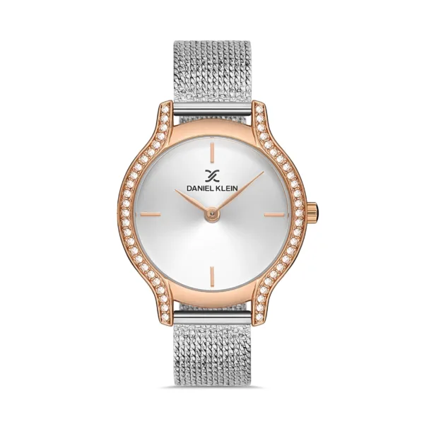 Montre élégante Daniel Klein femme, cadran blanc, bracelet maille métallique